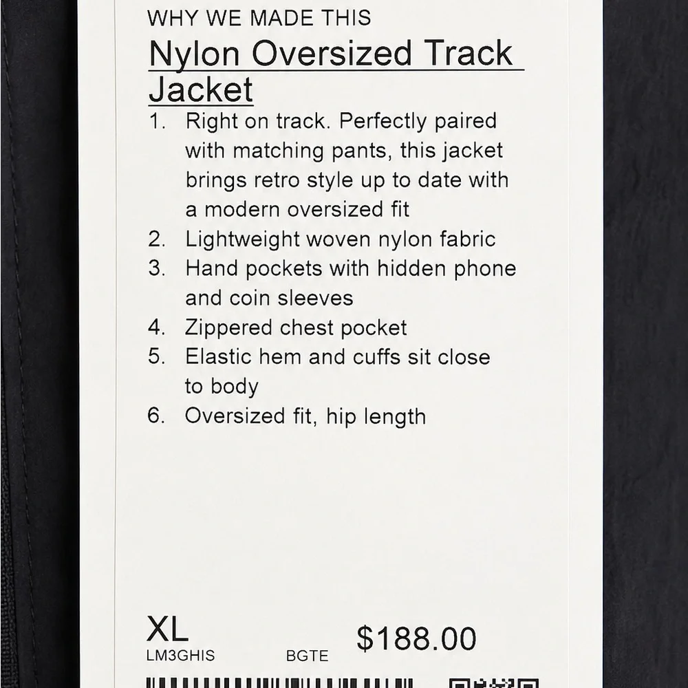 Lululemon Nylon Oversized Track Jacket Black XL NWT Full Zip Lightweight